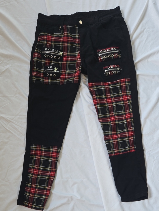 Other - Men's Black Punk Rock Style Jeans With Zippers & Red Squared Patterns In Areas
